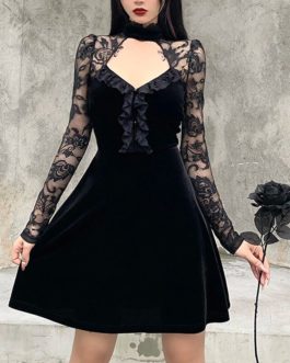 Ruffle Long Sleeve A-line Patchwork Prom Party Dress