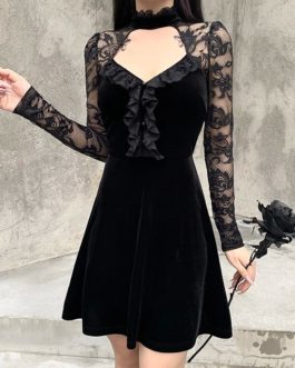 Ruffle Long Sleeve A-line Patchwork Prom Party Dress