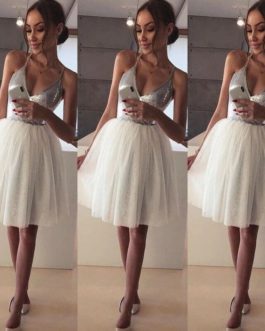 Sequin Deep V neck Tulle Ball Gown Evening Party Dress