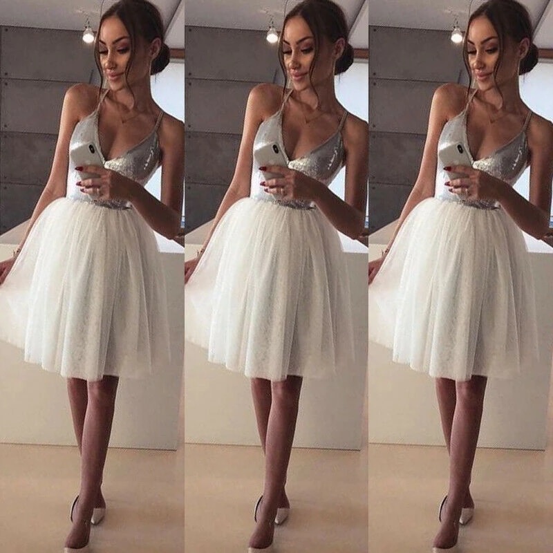 Sequin Deep V neck Tulle Ball Gown Evening Party Dress - Power Day Sale