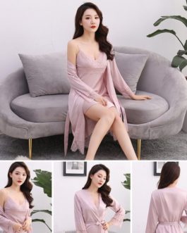 Sexy Ice Silk V-Neck Lace Robe Set