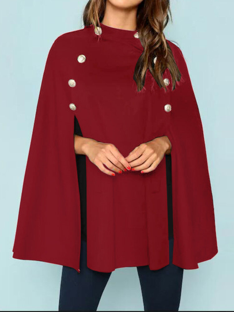 Solid Color Side Button Cloak Coat