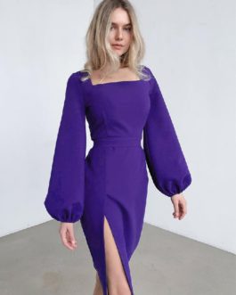 Square Neck Fitted High Slit Elegant Solid Dress