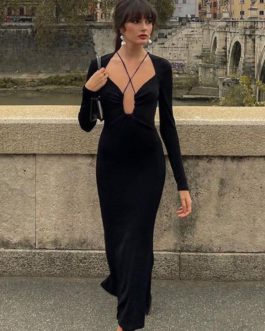 Trendy Designer Backless Long Sleeve Maxi Dress