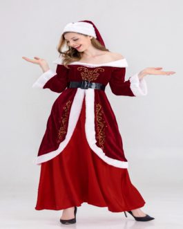 Velvet Long Sleeve Off Shoulder Santa Claus Christmas Dress