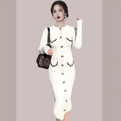 Diamond Petal Button Elegant Long Sleeve Sweater Dress