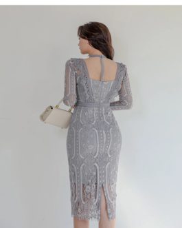 Elegant Slim Lace Hip Long Sleeve Pencil Split Dress