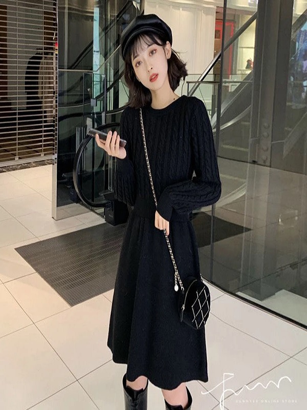 Knitted A-line Solid High Waist Elegant Sweater Dress - Power Day Sale
