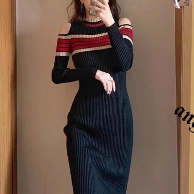 Off Shoulder Long Sleeve Sweater Knitted Midi Dresses