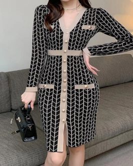 V-neck Single Breasted Long-sleeved Office Sweater Dress