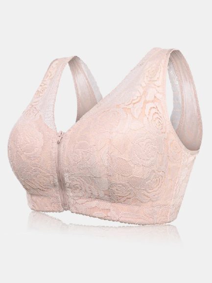 Wireless Flora Lace Front Zip Wide Straps Gather Bra - Power Day Sale