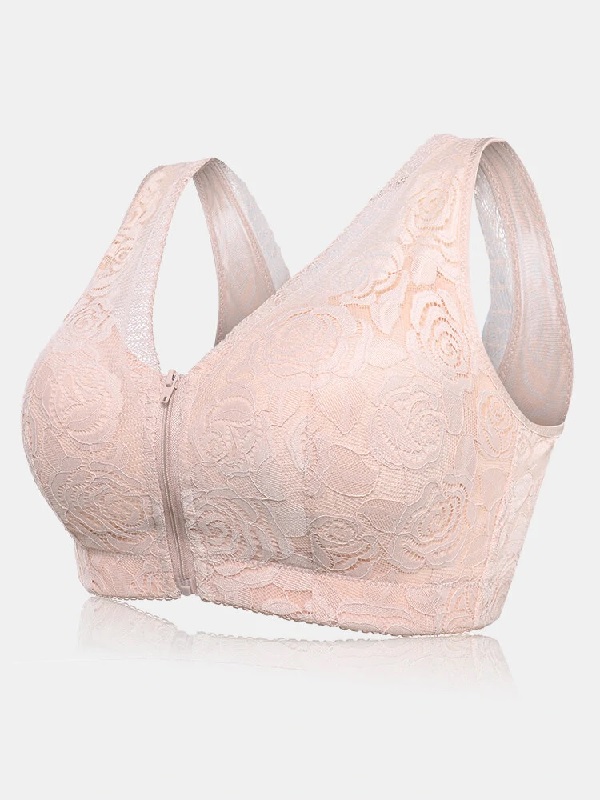 Wireless Flora Lace Front Zip Wide Straps Gather Bra