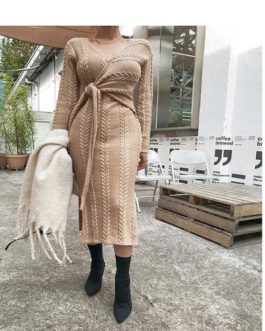 Elegant Knit Fashion Split Slim Bodycon Lace Up Dress