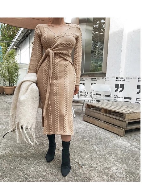 Elegant Knit Fashion Split Slim Bodycon Lace Up Dress