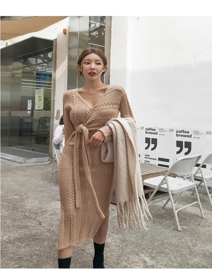 Elegant Knit Fashion Split Slim Bodycon Lace Up Dress - Power Day Sale