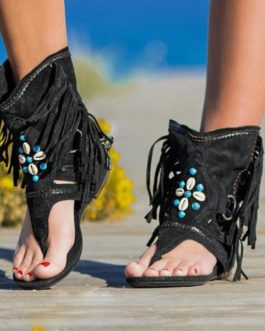 Fashion Beaded Tassels Decor Boho Flat Sandals