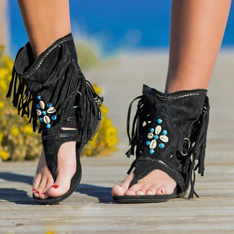 Fashion Beaded Tassels Decor Boho Flat Sandals - Power Day Sale