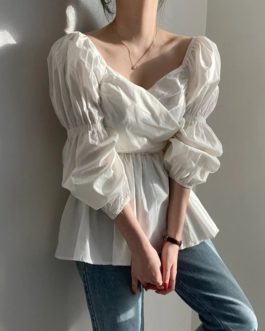 Patchwork Ruffle Lace-Up Bowknot Puff Sleeve Blouse