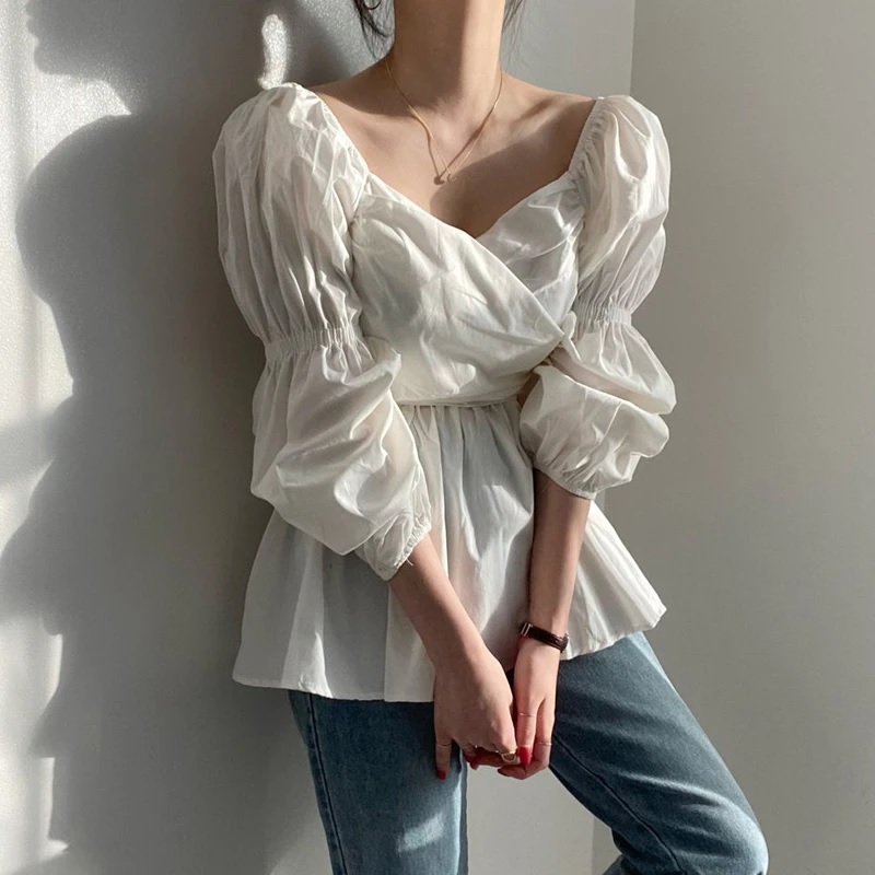 Patchwork Ruffle Lace-Up Bowknot Puff Sleeve Blouse - Power Day Sale