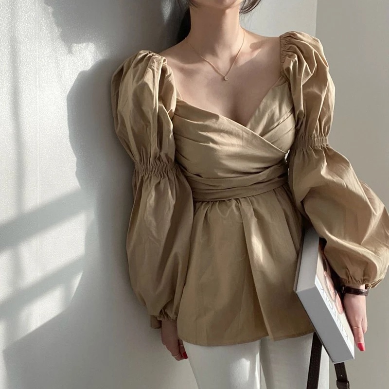 Patchwork Ruffle Lace-Up Bowknot Puff Sleeve Blouse