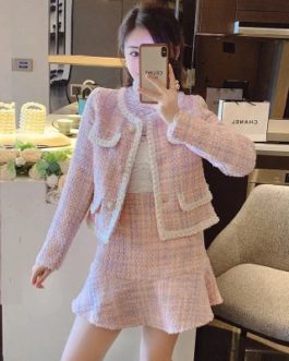 Sexy O-Neck Pearls Coat + Tassel Two Piece Skirt Suits