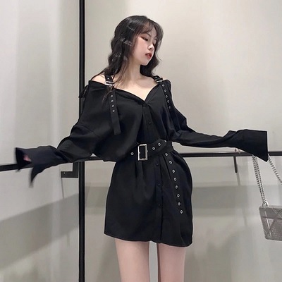 Slash Neck Sashes Design Medium-long Blouse Dress