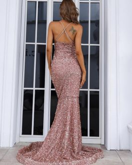 Fashion Backless Sequin Evening Bodycon Prom Wedding Dress