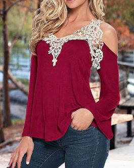 Lace V neck Long Sleeve Hollow Blouse