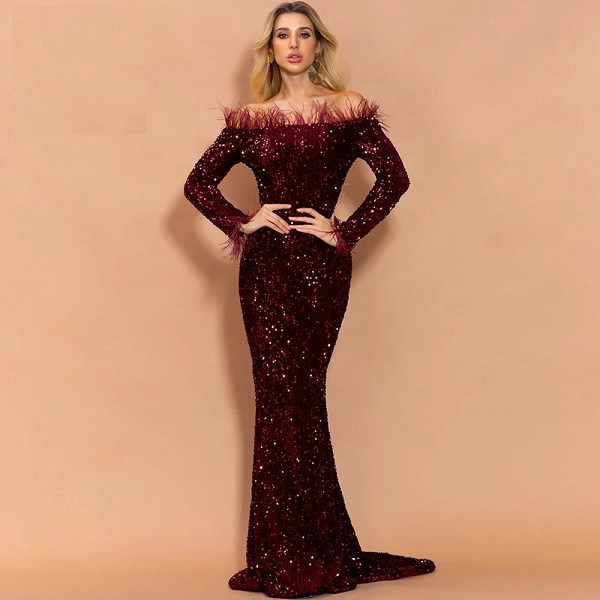 Off Shoulder Feather Sequin Evening Party Dress