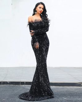 Sexy Off Shoulder Feather Sequin Evening Party Dress