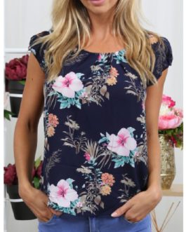 Capped Sleeves Floral Print Casual Blouse