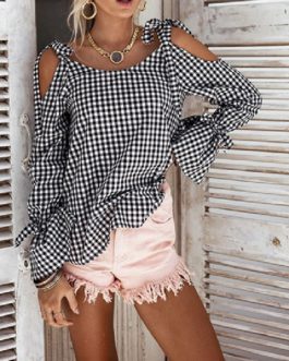 Checked Cold Shoulder Top