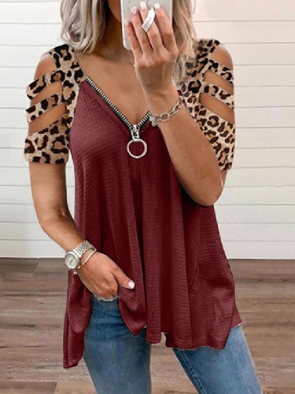 Cold Shoulder Cutout Leapard Zipper Blouse