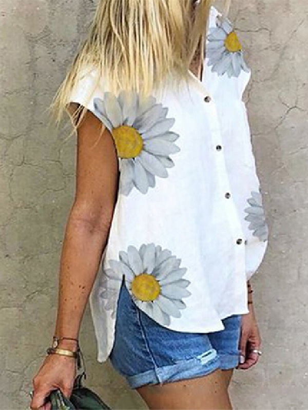 Front Button Floral Print Lightweight Blouse