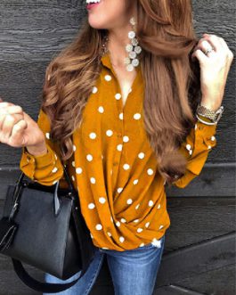 Long Sleeves Dotted Print Knot-Front Blouse