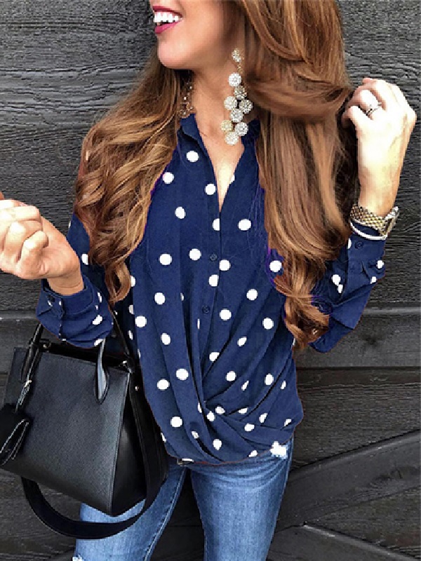 Long Sleeves Dotted Print Knot-Front Blouse