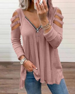 Long Strappy Sleeves Zip-Front Tunic Top