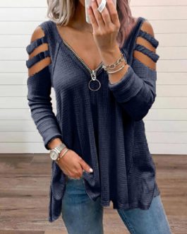 Long Strappy Sleeves Zip-Front Tunic Top