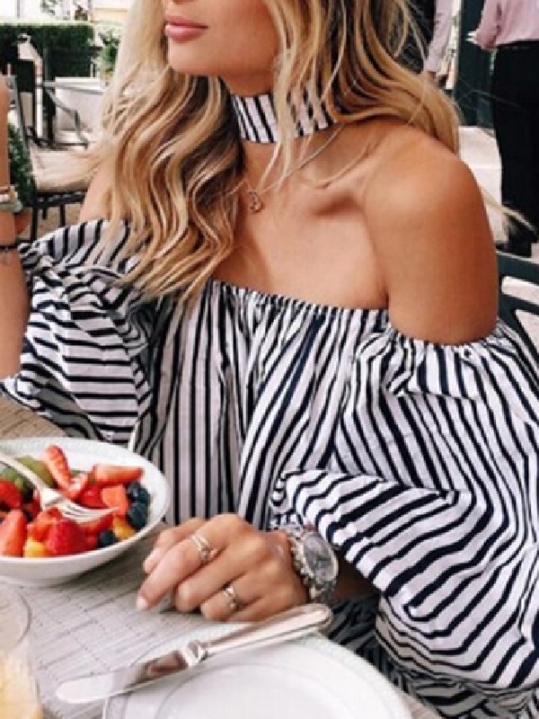 Off Shoulder Vertical Stripes Blouse