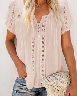 Round Split Buttoned Short Sleeves Blouse