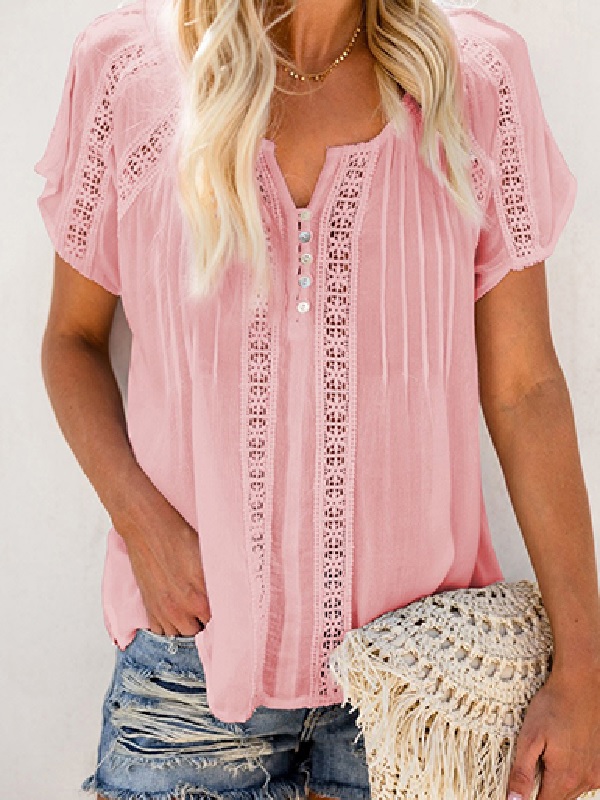 Round Split Buttoned Short Sleeves Blouse - Power Day Sale
