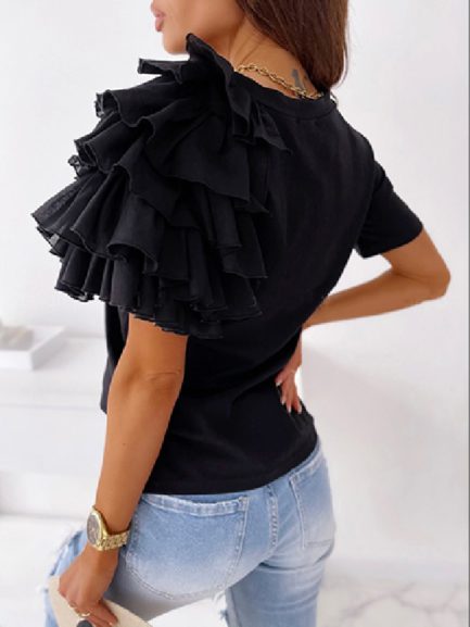 Ruffle Accent Short Sleeve Blouse - Power Day Sale