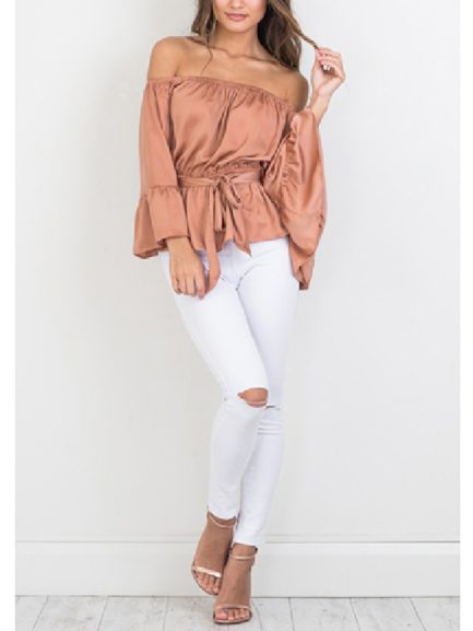 Ruffled Three Quarter Sleeves Belted Blouse - Power Day Sale