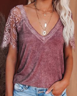 Short V Neck Lace Sleeves  Casual Top