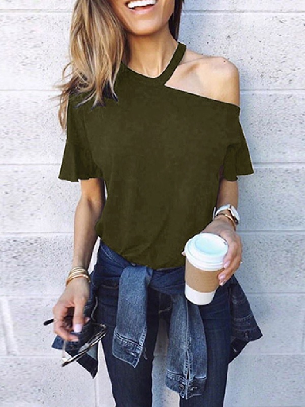 Single Shoulder Cutout Draping Short Sleeve Blouse