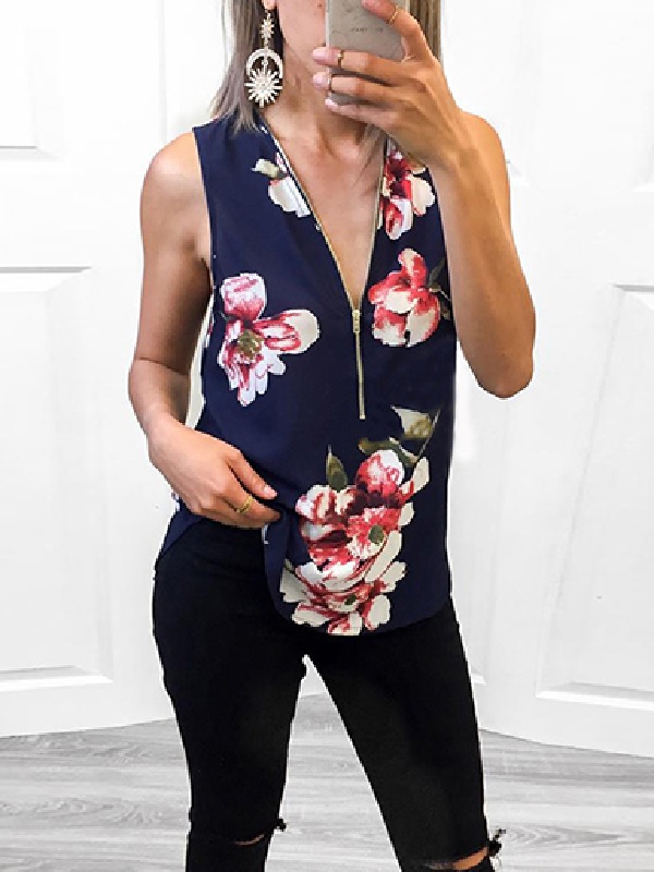 Sleeveless Front Zipper Closure Blouse