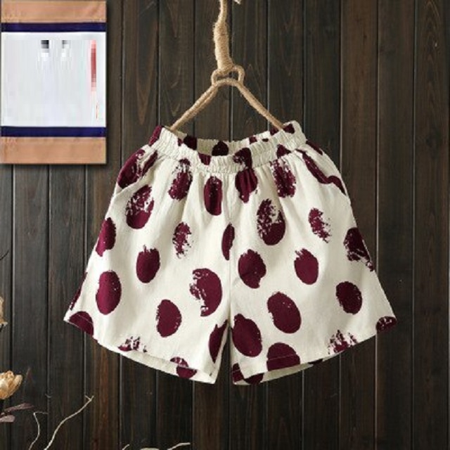 Cotton Linen Elastic High Wasit Casual Print Shorts