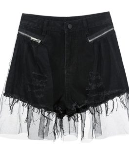 Fashion Zipper Stitched Mesh Hole Tassel Denim Shorts