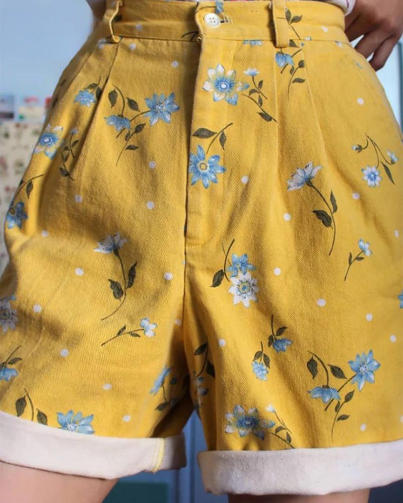 High Waist Printed Shorts Pockets Fold Short Pants