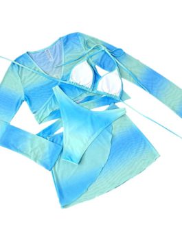 Casual Bikini Set Bandage Halter Bra Long Sleeve Tops